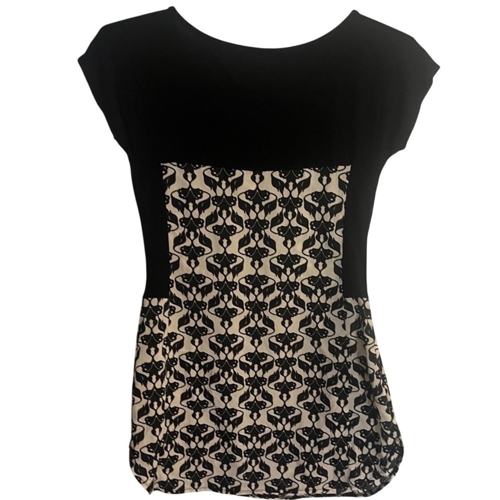 Anthropologie Weston Wear Black White Damask Print Cap Sleeve Tunic Top XS Small